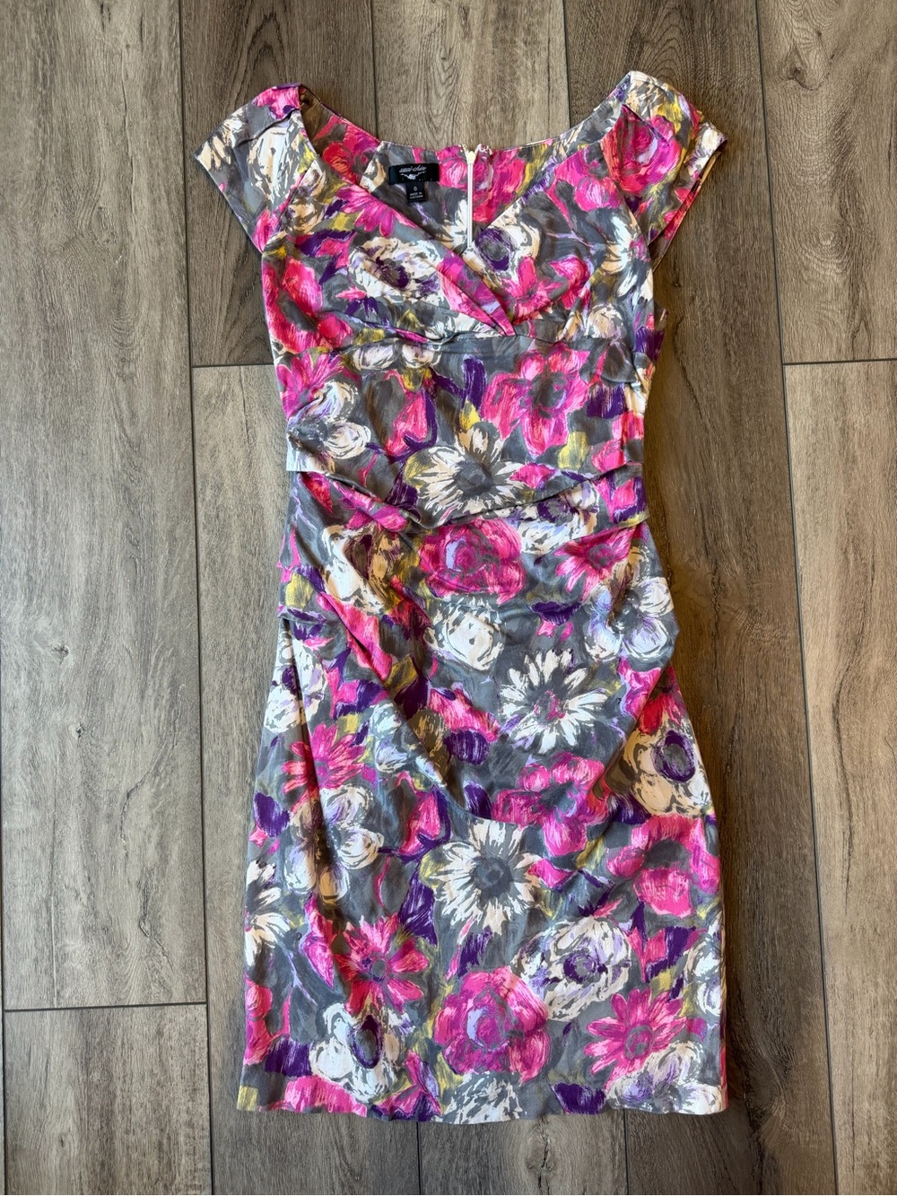 Suzi Chin- Y2K Feminine Floral Ruched Sheath Midi Dress in Pink and Gray